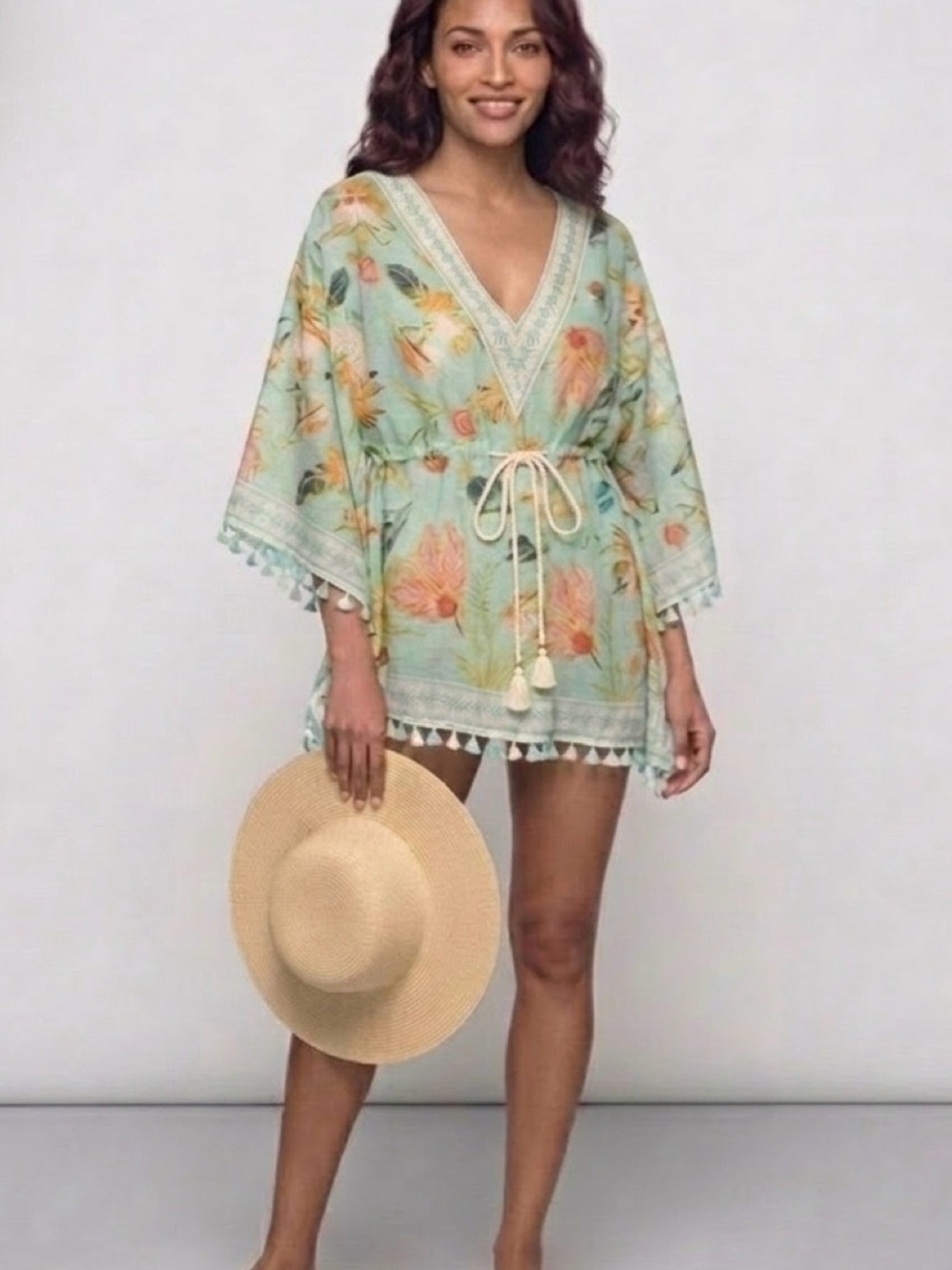 Spartina 449 Queenie Tropical Seafoam Floral Tassel Swim Coverup O/S NWT